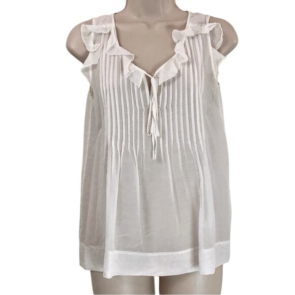 Theory Tops - Theory White Bohemian Style Babydoll Top Pin-tuck Pleating Sleeveless Ruffled